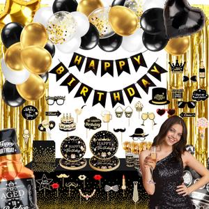 Black and Gold Birthday Decorations 204PCS Happy Birthday Supplies for Men Women with Plates,Cups,Tablecloth,Gold Foil Balloons,Banner,Photo Props,Tableware for Guest(Black Gold)
