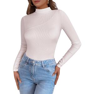Caracilia Women Long Sleeve Shirts Mock Neck Ribbed Knit Lightweight Tight Tops 2025 Fall Slim Fitted Basic Tees Beige, Size: Small