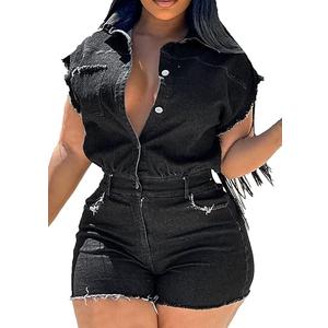 Nihsatin Women's Black Denim Washed Distressed Romper Button Down Jeans Playsuits size L