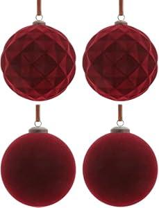 4Pcs Extra Large Velvet Christmas Ball Ornaments 6" Burgundy Flocked Ornaments Set for Christmas Tree with 10Pcs Velvet Bows Shatterproof Xmas Hanging Decorations for Home Office Holiday Décor