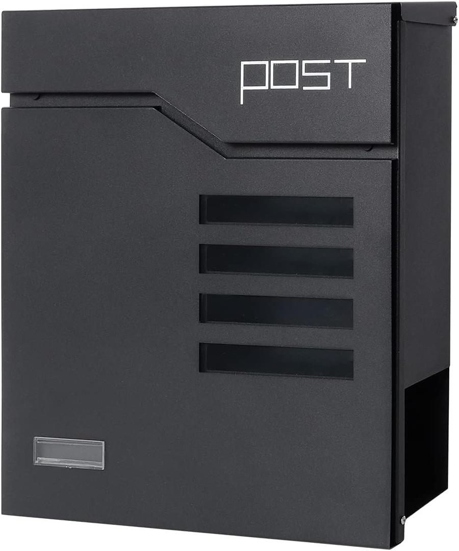 Decaller Large Capacity Mailbox with Key Lock, Wall Mount Metal Mail Box with Newspaper Compartment for Outside, 14.4" x 13" x 4.2", 938 Black