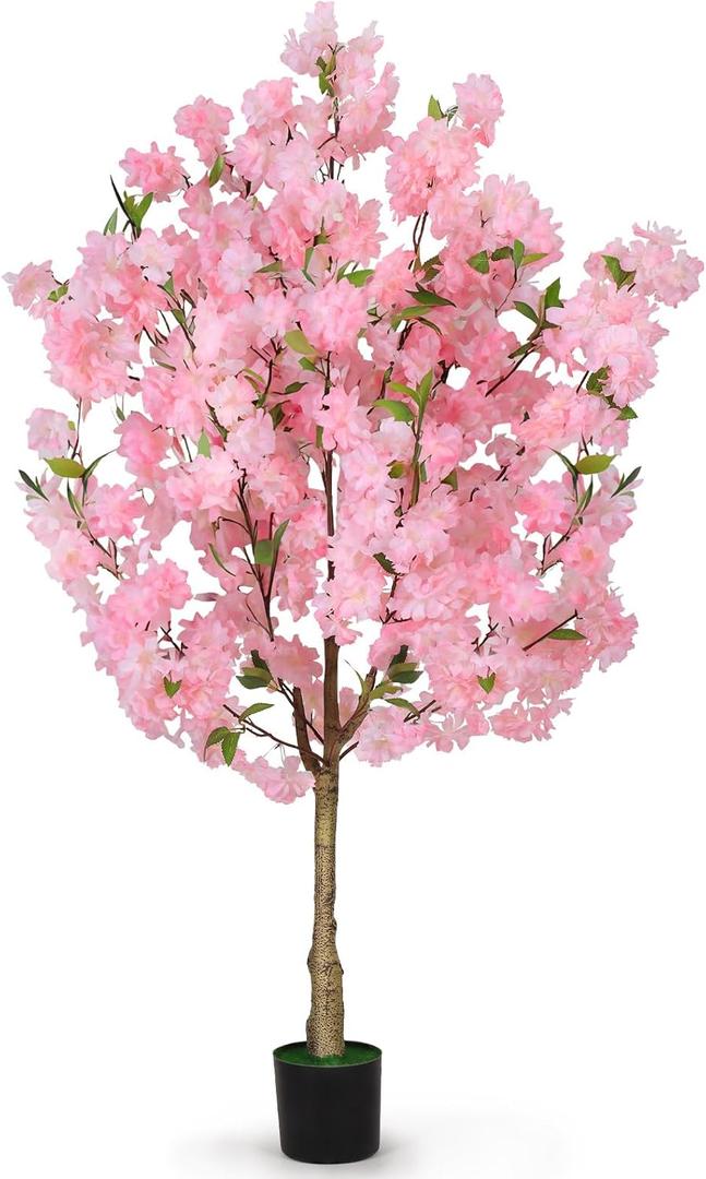 OUSHENG Artificial Cherry Blossom Tree, Fake Plants Indoor Decor, Faux Pink Sakura Flowers for Living Room Home House Entryway Bedroom Office Inside Decorations, 4FT