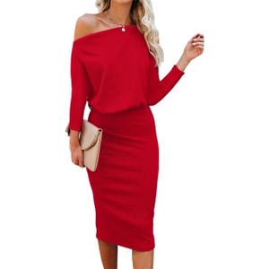 Ezbelle Women's Off The Shoulder 3/4 Sleeve Batwing HIPS-Wrap Pencil Party Sexy Bodycon Midi Dress Loose (Red, L)
