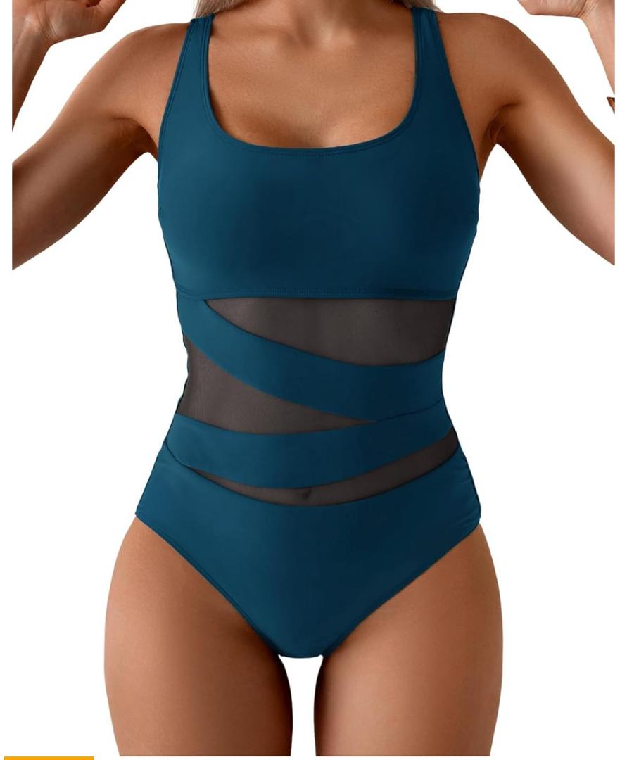 B2prity Women's Mesh One Piece Swimsuit Tummy Control Sexy Bathing Suit Push Up Swim Suit Slimming Swimwear M