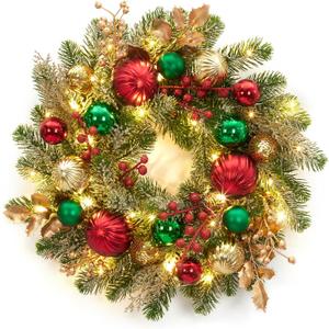 Adeeing 16" Christmas Wreath for Front Door, Lighted Christmas Wreath with 30 LED Lights Timer Red Green Gold Xmas Balls, Battery Operated Snow Flocked Winter Wreath for Fireplace Window Outdoor Decor