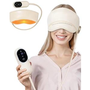Sleep Mask with Heat,4 Modes 3 Temperature Settings,6 Airbags Compression Head and Eye Massager,Eye Care Device with Remote Control, Portable Relaxation for Home Travel Office Use (Creamy White)