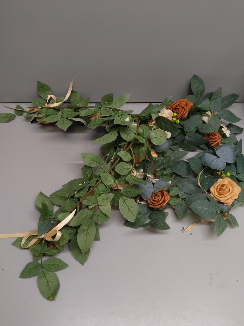 Ling's Moment 5FT Beige Brown Artificial Flower Garland Fake Rose Eucalyptus Garland Arch Flowers Vine for Wedding Party Backdrop Home Table Centerpieces Decorations