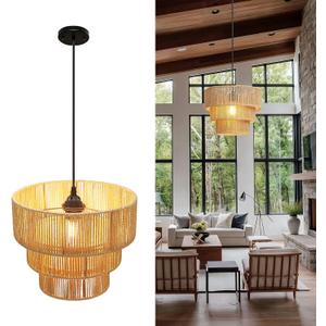 12'' Natural Rattan Chandelier -Small Farmhouse Boho Style with E27 Bulb, 120V Pendant Light, Fandelier, Hanging Lamp, Wicker Pendant Lamps for Dining Room/Kitchen/Bedroom/Living Room/Island