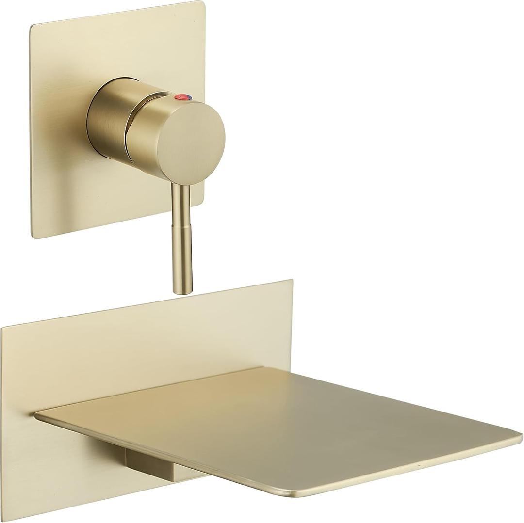 BWE Brushed Gold Wall Mount Tub Faucet with Waterfall Tub Spout Wall Mounted Bathtub Faucet Modern Single Handle Tub Filler Shower Faucet Set