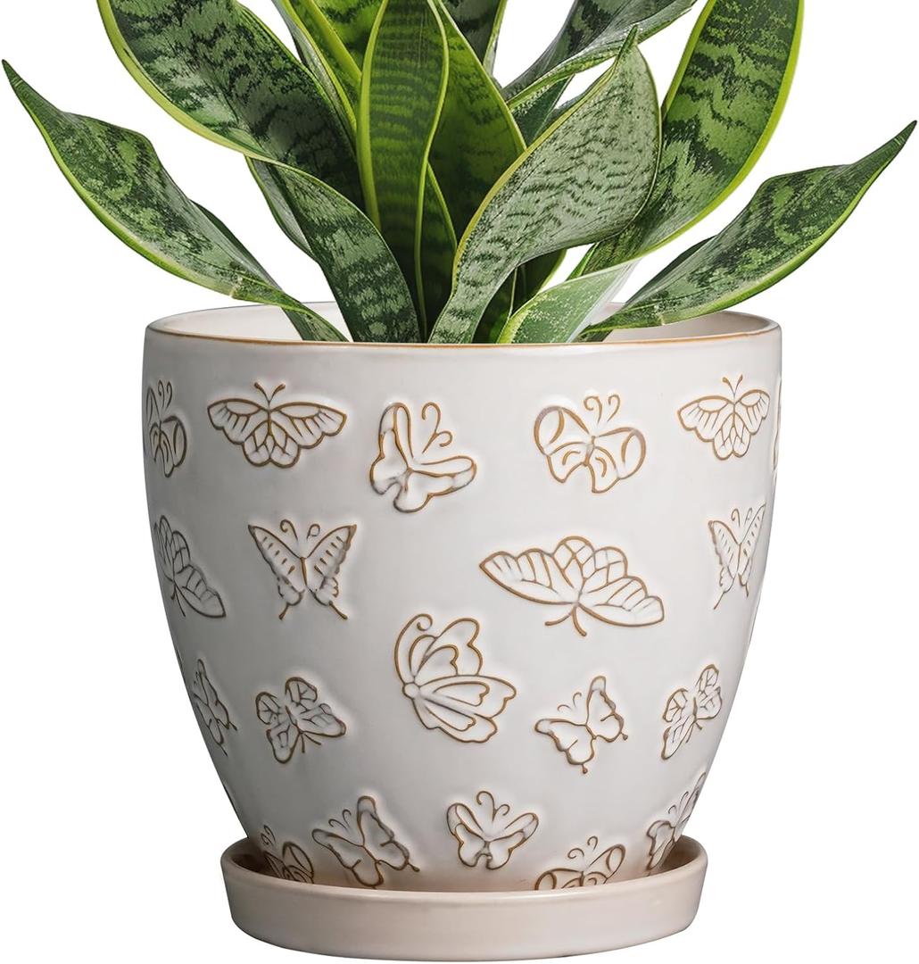 Ceramic Planter Pot - 6.8 Inch Plant Pot with Drainage Hole and Saucer, Succulent Round Flower Pot for Plants Indoor Outdoor, White