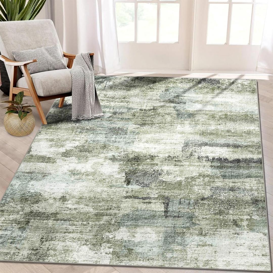 3x5 Rug, Small Area Rug for Living Room, Bedroom, Kitchen, Machine Washable Non-Slip Throw Rug, Modern Abstract Carpet for Entryway Nursery Coffee Table, Green