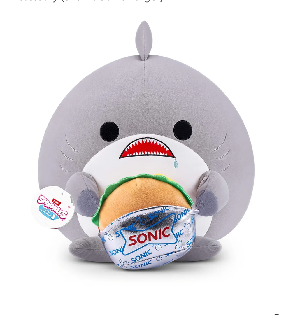 Snackles Series 2 16-inch by ZURU Cuddly Squishy Comfort 16-inch Plush with Licensed Snack Brand Accessory (Shark&Sonic Burger)