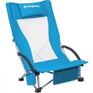 KingCamp Low Beach Chair, High Back Folding Camping Chair for Adults, Oversized Breathable Mesh Seat, 300lbs Heavy Duty Portable Chair with Cup Holder & Storage Pockets for Beach, Outdoor