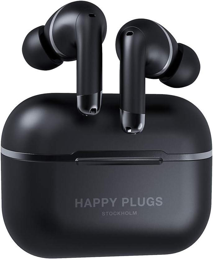 Happy Plugs Air 1 ANC – Premium Quality True Wireless Bluetooth Earbuds – Charging Case & Built-in Microphones – Excellent Active Noise Cancelling – 38 Hours Battery Life - Black