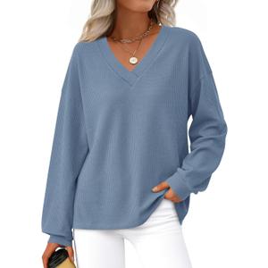 MASCOMODA Womens Tops Casual V Neck Waffle Knit Long Sleeve Shirts Trendy Loose Tunic Pullover Work Blouses Fall Outfits (Blue, L)