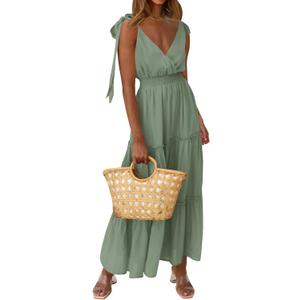 PRETTYGARDEN Women's Cross Neck Spring Sleeveless Tiered Maxi Dress Beach Tie Strap Smocked Long Dresses Pleated Sundress (Green, L)