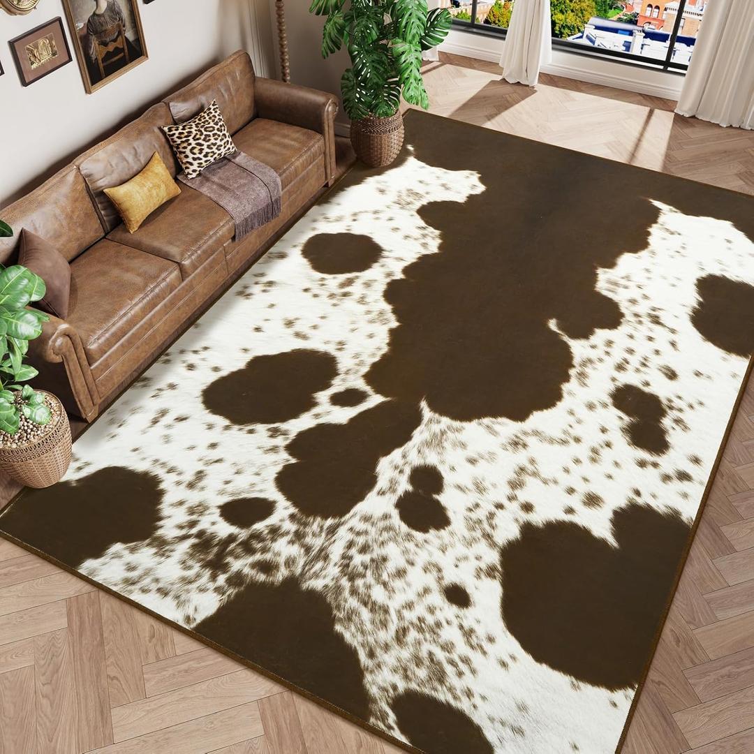 Amearea Faux Cowhide Rugs for Living Room, 6x9 Feet Machine Washable Cow Print Area Rug for Bedroom, Premium Western Home Decor Animal Print Non-Slip Throw Rug Carpet for Dining Room Kitchen Office