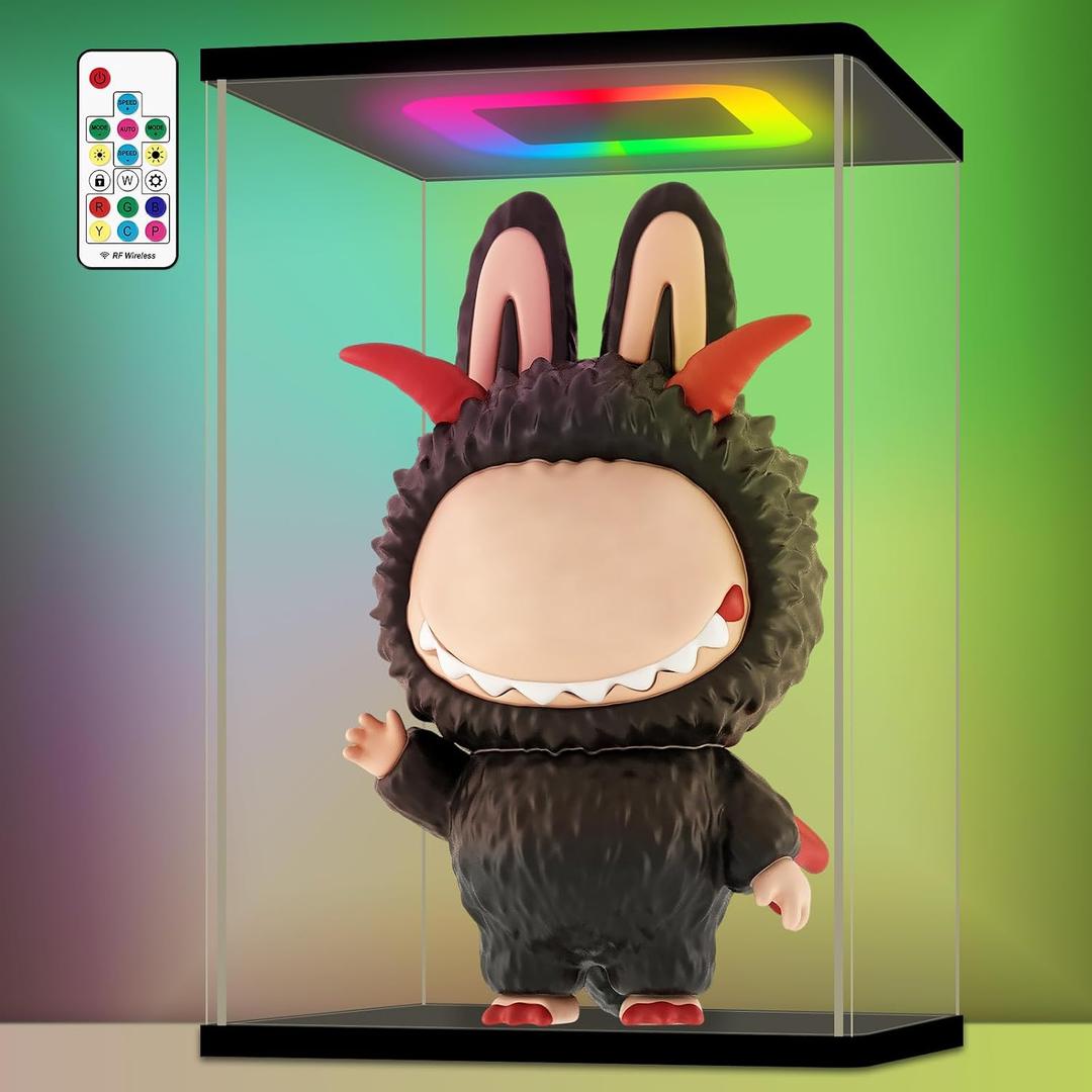 NONEMEY Clear Acrylic Display Case with RGB LED Light , Dustproof Model Showcase Organizer Box, Display Case for Collectibles (14.2x12.2x25.6 inch, 36x31x65cm)