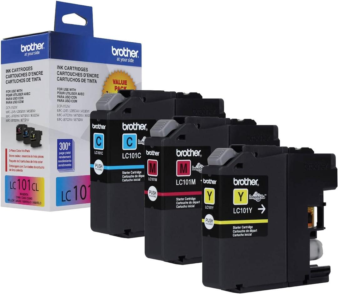 Brother Genuine Standard Yield Color Ink Cartridges, LC1013PKS, Replacement Color Ink Three Pack, Includes 1 Cartridge Each of Cyan, Magenta & Yellow, Page Yield Upto 300 Pages/Cartridge, LC101 (-)