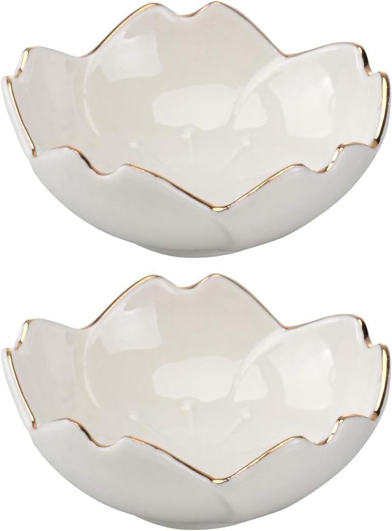 Cabilock Ceramic Dipping Bowls 2Pcs Flower Shaped Mini Sauce Bowls for Soy Sauce Ketchup Bbq Condiment 2.75 Inch White with Gold Edge