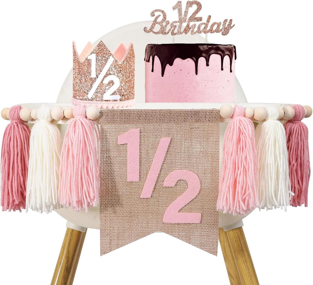 1/2 Birthday Girl Pink Half Birthday Decorations High Chair Banner Tassel Wood Bead Garland6 Months Decorations