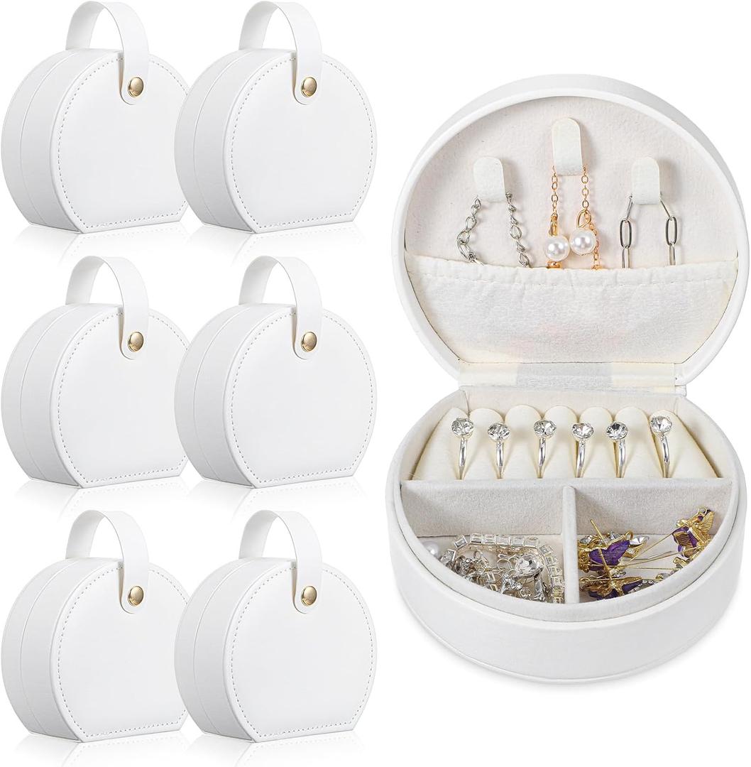 6 Pack Travel Jewelry Case, Mini Leather Bridesmaid Jewelry Gift Box Bulk, Half Moon Design, Detachable Handle, Small Earring Storage Organizer for Women Girls Bridesmaid Proposal Gifts (White)