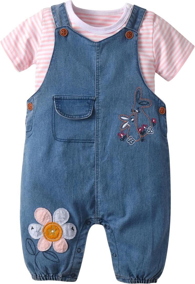 Cute Baby Girls Clothes Toddler Girls Long-Sleeve Romper+Denim Overalls Pants Outfits Infant Girl 0-2 Years Clothes (0-6 Months,Pink #225) (Blue)