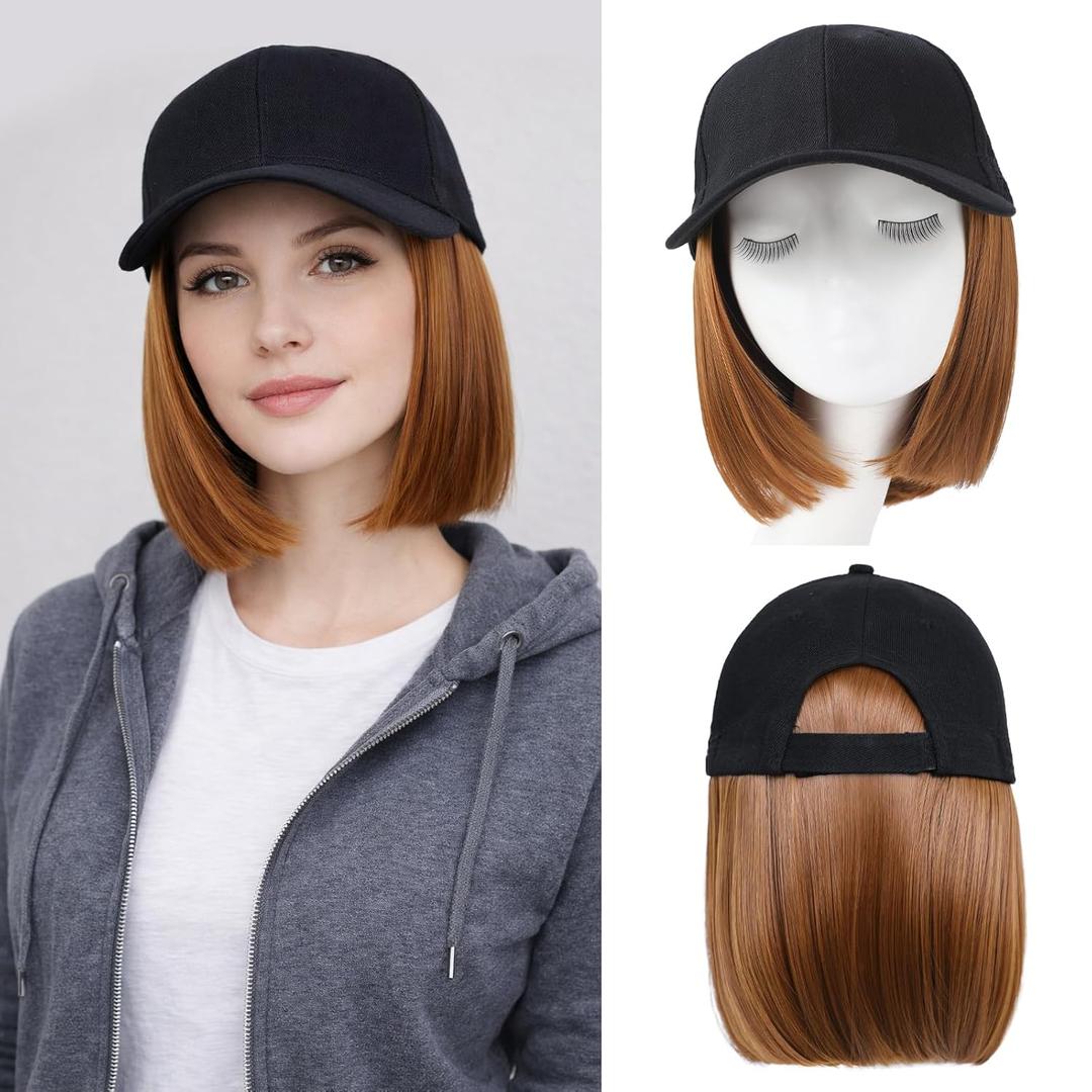 Hat Wigs for Women Baseball Cap with Hair Extensions Short Straight Bob Hairstyle Caps with Hair Attached Adjustable Baseball Cap Wig for Daily Party(12inch)