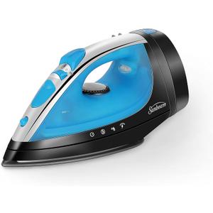 Sunbeam Steammaster Steam Iron, 1400 Watt, Large Anti-Drip Stainless Steel Nonstick Soleplate with 8' Retractable Cord, Horizontal or Vertical Shot of Steam and 3-Way Auto Shut-Off, Black/Blue (Medium)