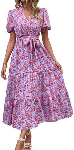 MASCOMODA Womens Summer Boho Maxi Dress Floral Wrap V Neck Flutter Short Sleeve Tie Waist A Line Tiered Flowy Long Dresses(Purple and Red, X-Large)
