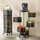 JAQ Rotating Fruit Basket, 5-Tier Metal Sturdy Kitchen Storage Rack Shelf Carts No Assembly on Rolling Wheels for Fruit Vegetable Grocery Corns Potato Onion (5-Tier, Black)