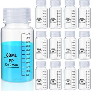 Tatuo 12 Pcs 2oz 60 ml Plastic Sample Bottles with Screw Cap, Liquid Containers with Lid for Lab Reagent Sample Medicine Pill Water Storage, Travel Bottles(Clear,Wide Mouth-Dark Scale)