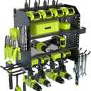 Heavy Duty Power Tool Organizer Wall Mount with Charging Station, 4 Layer Garage Storage Adjustable Shelves Height, Holds 4 Drills, 2 Hooks, Screw & Screwdriver box, Gifts for Fathers Day, Anniversary (Black)