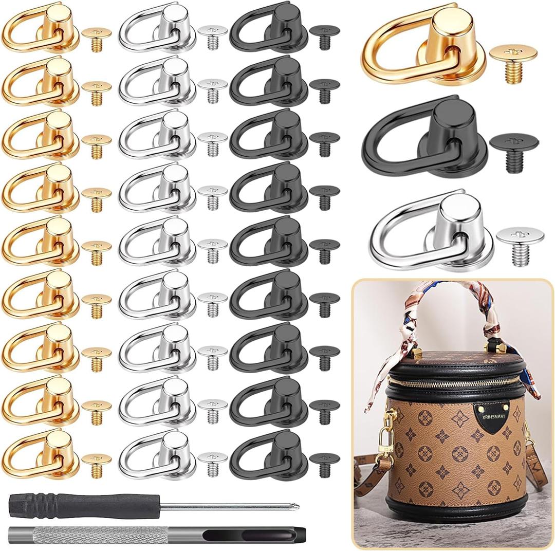 D Ring Stud Screw Ball, 32 pcs D Ring Stud Screw Ball, 180 Degree Rotatable Ball Post Head Buttons with punch tool and screwdriver for DIY Leather Purse Backpack Belt Craft Decoration