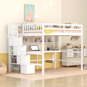 Full Size Bed Frame with Desk,Solid Wood Loft Bed Frame Storage Shelves and Staircase,Easy Assembly for Bedroom,White