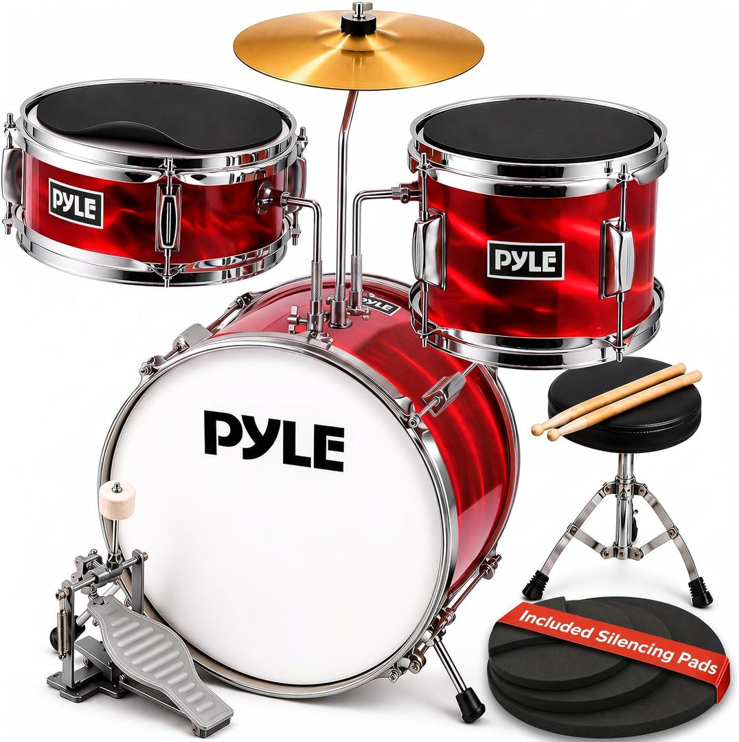 Pyle Kids Drum Set, 3 Piece Beginner Junior Drummer Kit with 13" Bass Drum, Snare, Tom, Cymbal, Adjustable Throne, Mutes, Drumsticks, Red