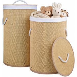 2 Pack Bamboo Laundry Hamper with Lid, Tall Storage Basket