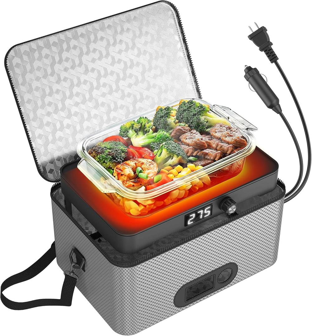 Portable Oven, 12V 24V 110V-240V Car Food Warmer Portable Personal Mini Oven Electric Heated Lunch Box for Meals Reheating & Raw Food Cooking for Road Trip/Camping/Picnic/Family Gathering(Gray)