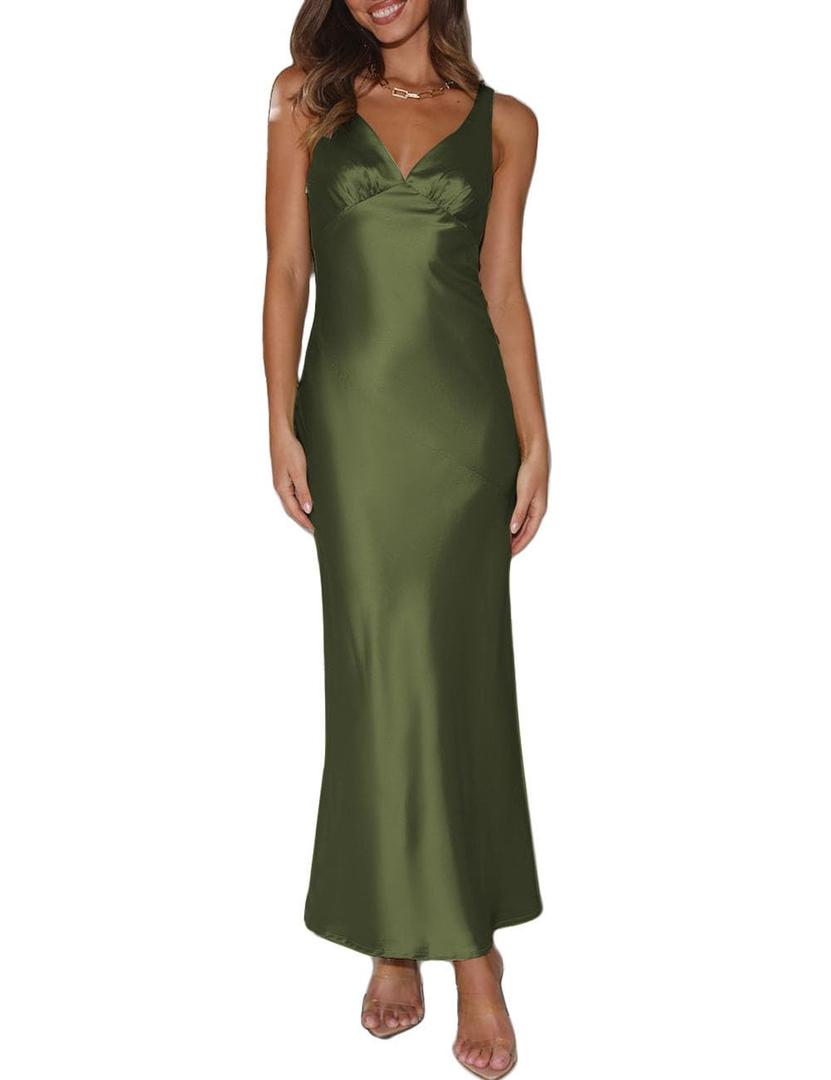 Women's Elegant Satin V Neck Backless Sleeveless Maxi Dress Silk Tie Low Back Formal Cocktail Dresses Wedding Guest. Small