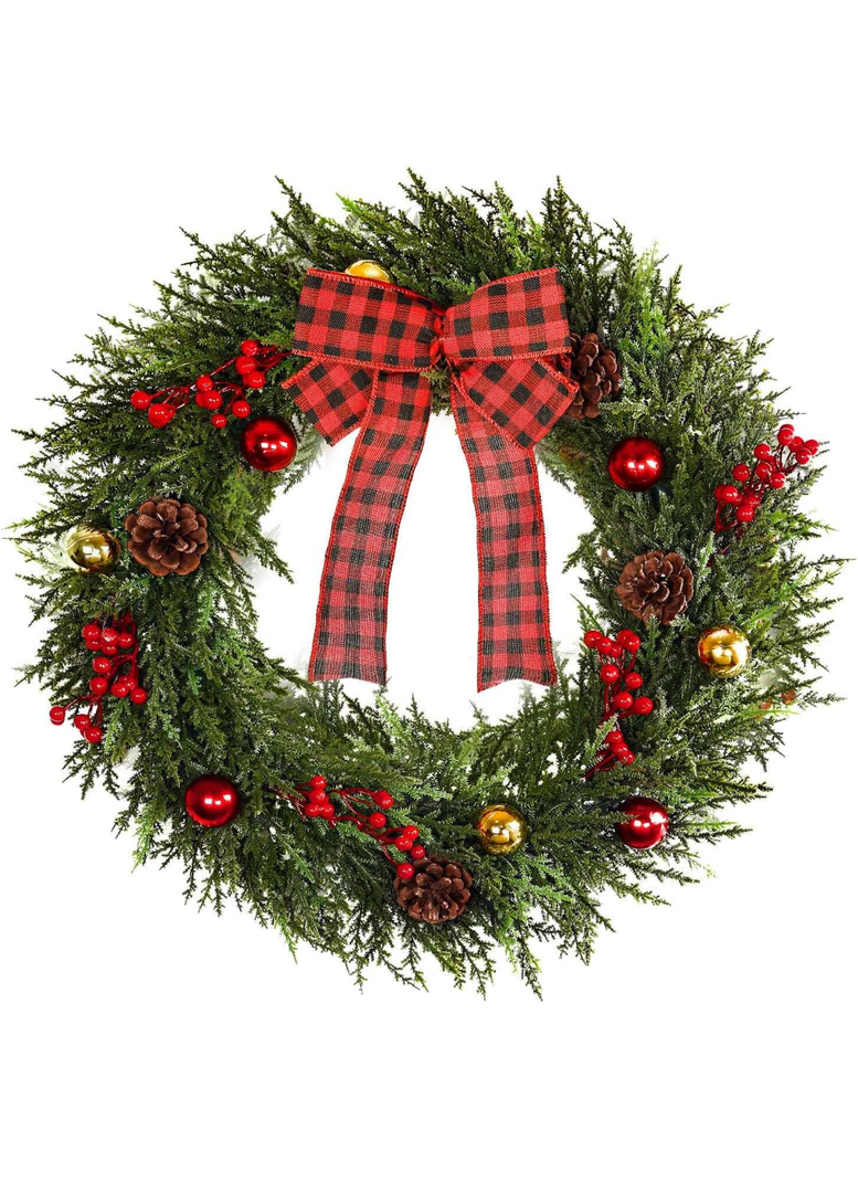 Christmas Wreath 20 Inch, Artificial Large Wreath with Pine Cone Red Berry Bow Ornaments for Front Door Decor Christmas Door Wreath Festival Home Indoor Outdoor Outside Decorations, Bow