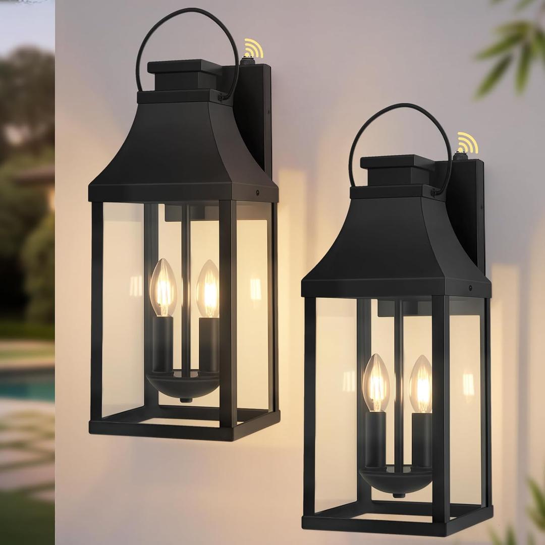 tewei Dusk to Dawn Outdoor Lighting Fixture, 20'' Large Porch Lights Outdoor Sconce Lights, 2-Light Black Exterior Lights for House Waterproof Outside Patio Lanterns for House Garage, 2-Pack