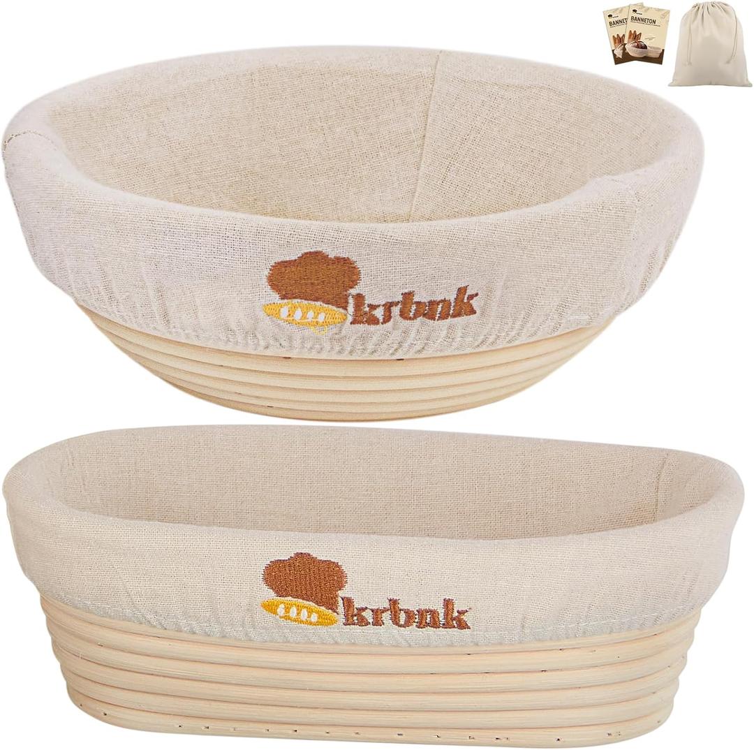 Banneton Bread Proofing Basket, Proofing Basket for Sourdough Bread Baking, Indonesian Rattan Bread Bowl Sourdough bread Baking Supplies with Linen Liner (9" Round + 10" Oval)