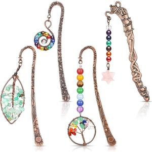 4 Pcs 7 Chakra Crystal Bookmark Antique Copper Metal Beading Healing Stone Vintage Bookmarks Tumbled Gemstones Book Markers for Student Office Birthday Present(Retro Style)