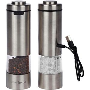 USB-C Electric Salt and Pepper Grinder Set (pack of 2) - Stainless Steel Salt & Pepper Mills with LED Light - Complimentary Mill Rest- One Handed Operation Adjustable Ceramic Grinders