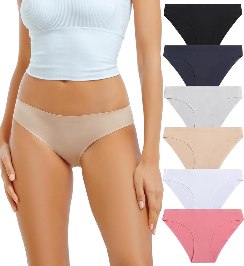 Seamless Underwear for Women No Show Panties Soft Stretch Bikini Invisible Briefs 6 Pack, M