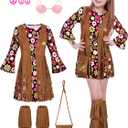 AOTHSO 22 Piece Kids Hippie Costume Set Girls 70s 60s Dress Outfits Vest with Tassel Peace Sign Earring for Halloween Party (Medium, Black)