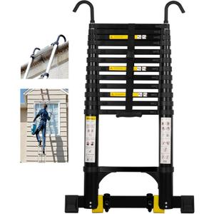 Telescoping Ladder,14.5FT Aluminum Portable Extension Ladder w/Hooks, Stabilizers& Wheels, Heavy Duty 330lbs Max Capacity, Collapsible Telescopic Ladder for Rv, Roof, Attic, Outdoor -Black