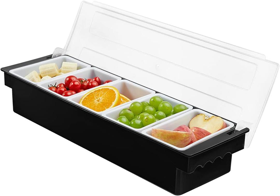Ice Chilled Serving Tray Condiment Pots 5 Compartment Condiment Server Caddy (5 Compartments)