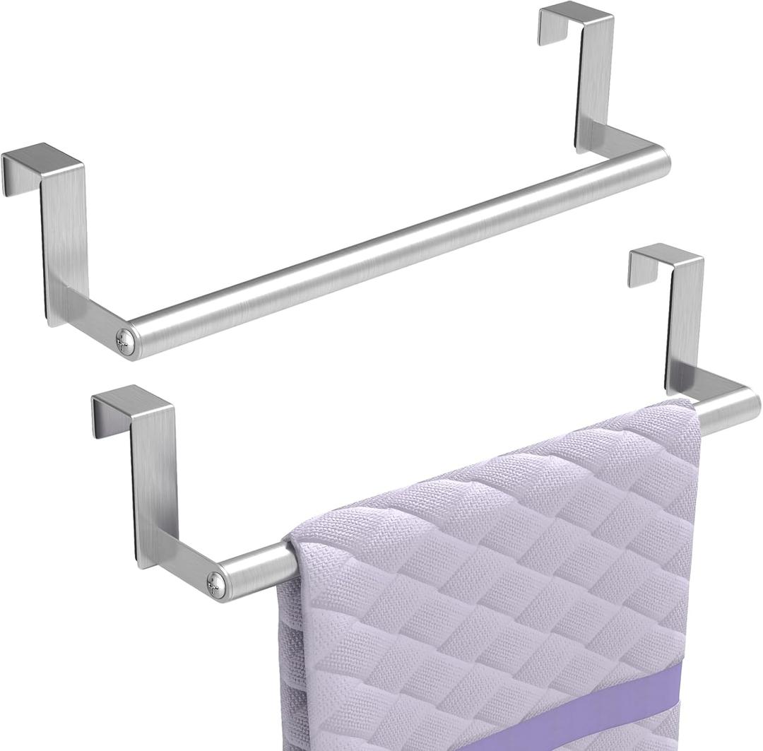STWWO Over The Door Towel Rack, Kitchen Towel Holder Over Cabinet Door Towel Bar Stainless Steel for Cupboard for Kitchen Dish Towel Holder Hanger, 2 Pack (Brushed Nickel)