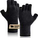 Merino Wool Fingerless Gloves for Men Women Half Finger Gloves Thermal Soft Knit Liner for Hunting Fishing Hiking (Small-Medium, Black Gray)